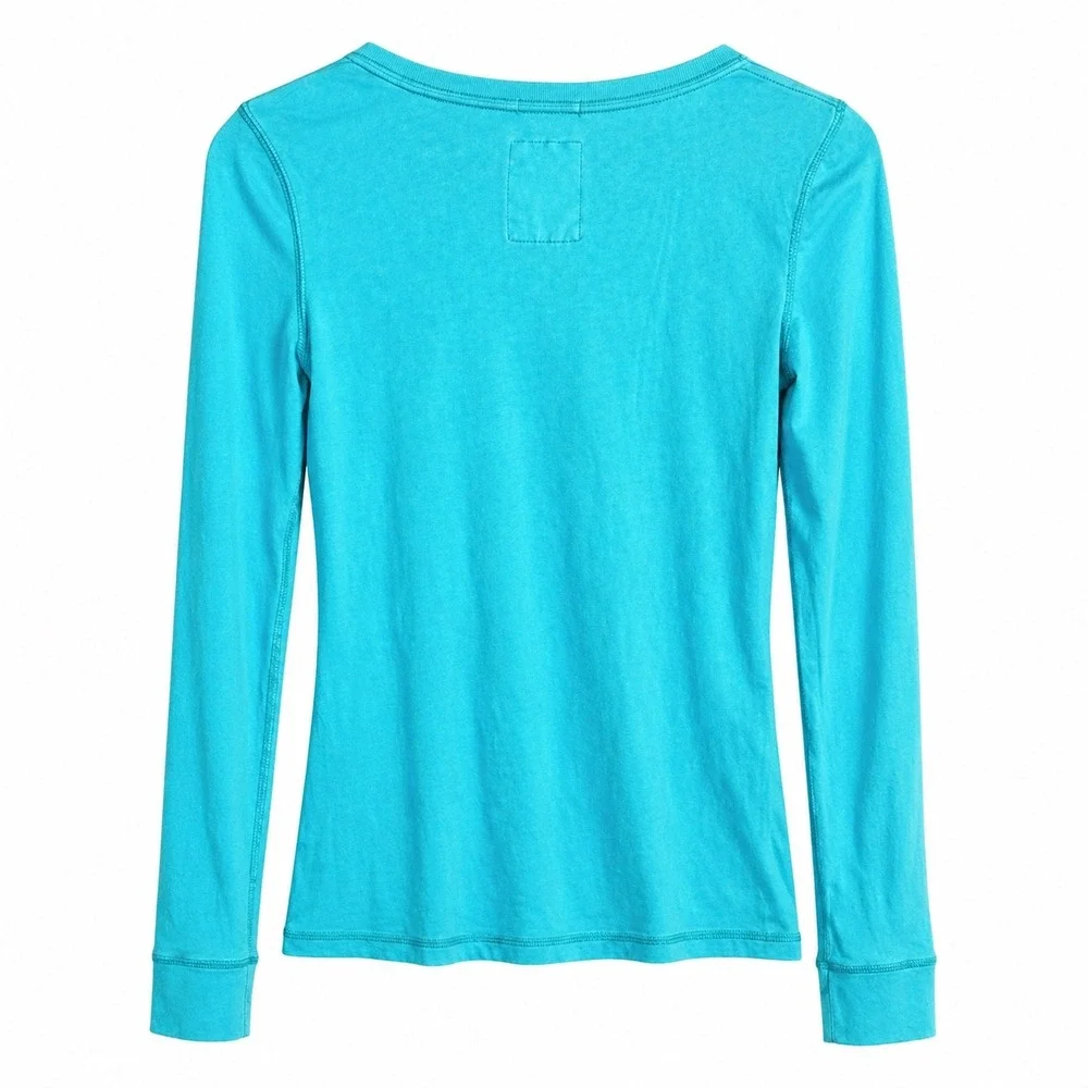 Hollister California Long Sleeve Tee Women's Size L Y2K Aqua Logo Slim Fit Shirt - Picture 3 of 5
